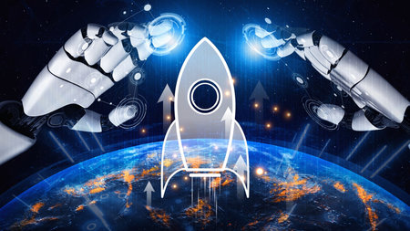 Startup launch and business growth concept, rocket symbolism, entrepreneurship, startup innovation,...