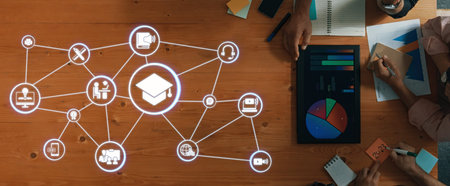 Online education icons show e-learning, online education classes, and digital study. Online...
