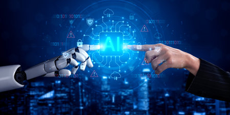 Cybersecurity concept featuring an AI detector scanning digital content for deepfakes and...