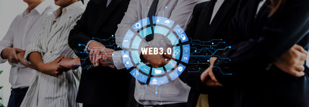 Group of business professionals standing confidently while showcasing a modern Web 3.0 concept,...