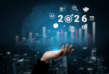 Bar graphs, charts, and number 2026 with AI and data analysis icons symbolizing future business...