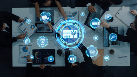 Digital gift card icons show e-commerce, payment, and digital gift card redemption. Digital gift...