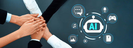 Collaborative Hands in Business Setting with AI Symbols Representing Technology, Communication,...