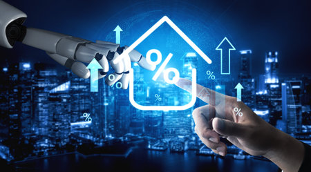 A futuristic scene featuring a robotic hand reaching out to touch a human finger, overlaid with financial data graphics, representing technology and growth in real estate. Gantryの写真素材