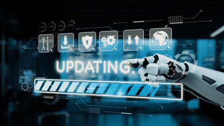 A robotic hand interacts with a digital interface featuring an updating graphic, symbolizing...