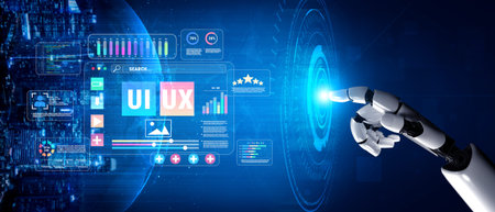 Futuristic Robotic Hand Interacting with Digital User Interface Elements in a High-Tech Environment...