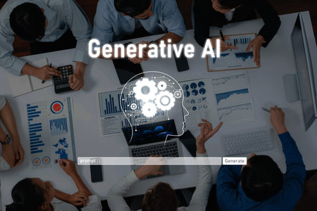 A dynamic meeting scene showcasing professionals collaborating on generative AI technology,...