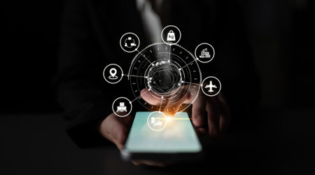 Icons illustrate delivery, supply chain, warehouse, and shipping. They connect global trade,...