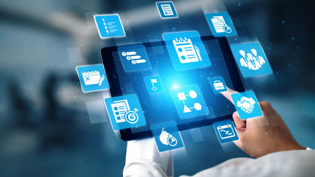 Concept of task management optimizes business efficiency. This system streamlines workflows,...