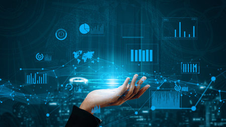 A conceptual image showcasing a hand presenting various data analytics elements, including graphs...