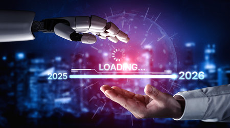 AI visualizes the transition from 2025 to 2026 using smart progress tracking, predictive...