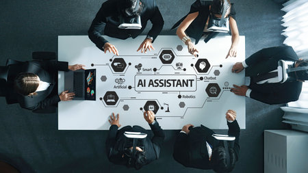 Aerial view of business professionals engaged in a collaborative meeting, discussing AI assistant...