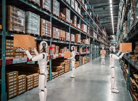 Innovative industry robot working in warehouse for human labor replacement . Concept of artificial...