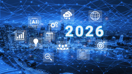 Digital icons, analytics symbols, and glowing number 2026 representing business goals, innovation,...