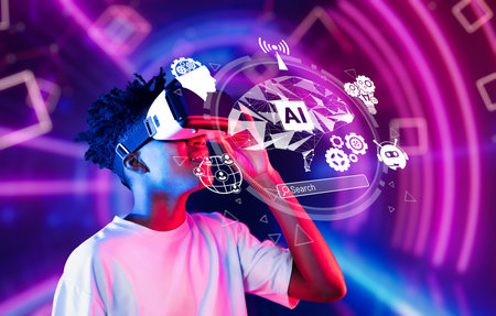 A young person is immersed in a virtual reality experience surrounded by symbols of artificial...