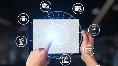 Predictive maintenance icons for industry, automation, smart factory and manufacturing showing data...