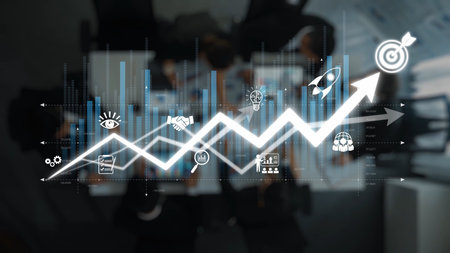 This abstract image features a dynamic growth arrow alongside various business icons, symbolizing...