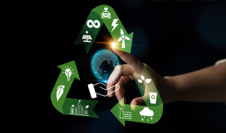 Hand Reaching Toward Green Icons Representing Sustainable Development and Eco-Friendly Practices...