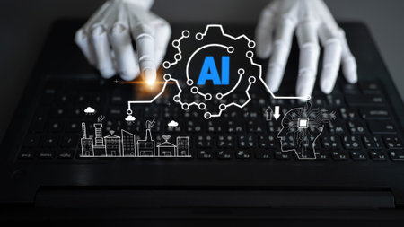 Futuristic Concept of AI Technology with Robotic Hands Typing on Keyboard and Digital Graphics...