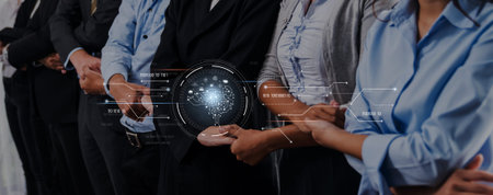 A diverse group of business professionals engaged in collaboration, showcasing a digital interface...