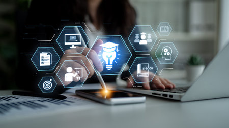 Education technology digital learning, training systems, and knowledge development. Futuristic...