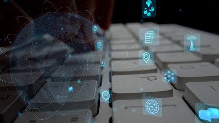 A close-up shot of a computer keyboard, featuring floating digital icons representing technology,...