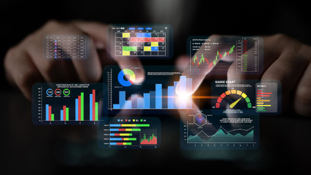 Hands Interacting with Digital Data Analytics Interface on Touchscreen Display for Business and...