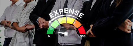 Business professionals stand together, analyzing financial expenses through a detailed expense...