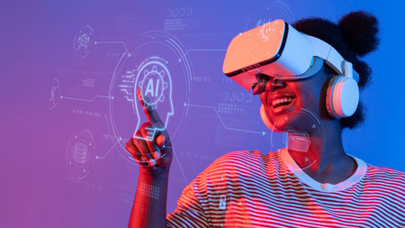 A young woman joyfully interacts with virtual technology, wearing a VR headset and headphones,...