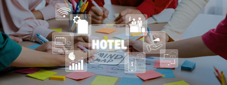 Collaborative Brainstorming Session for Hotel Business Strategy with Mind Map and Colorful Sticky...