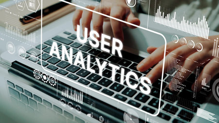 User Analytics Concept with Keyboard and Data Visualization Elements in Modern Workspace. Asymptotic...