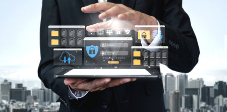 Secure login and file management interface with folder, password, and encryption icons for...