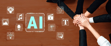 Hands Together on a Wooden Surface with Digital Icons Representing AI Technology in a Creative Collaboration Environment Quark.の写真素材