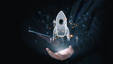 Startup launch and business growth concept, rocket symbolism, entrepreneurship, startup innovation,...