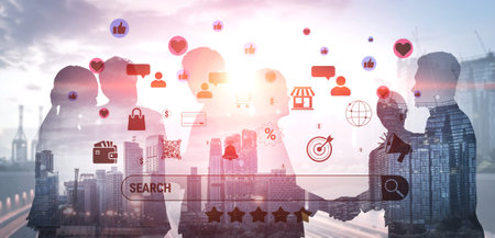 Collaborative Partnership: Business Team Shaking Hands Over City Skyline with Social Media Icons and...