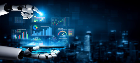 Futuristic robotic hand interacting with digital data displays and holograms in a high-tech...