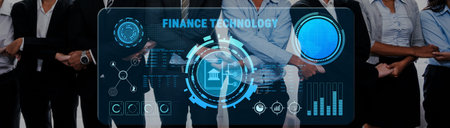 A diverse team of professionals collaborate in a corporate setting, featuring a digital interface...