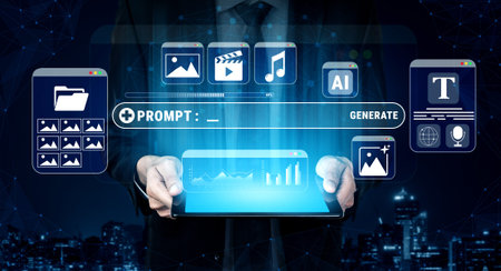 Futuristic Technology Concept with Hands Holding Tablet Featuring Icons of Media, Data, and AI in a...