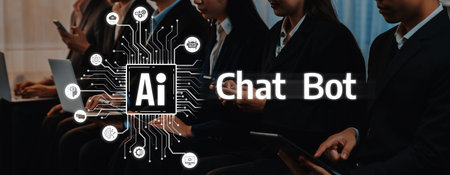 A diverse group of professionals engaged in digital interaction with AI chat bot technology. Modern...