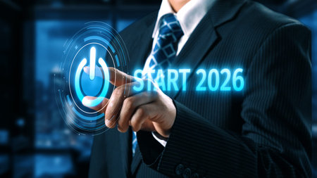 Start 2025 concept with futuristic power button symbolizing fresh beginnings, innovation, and...