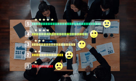 A dynamic business meeting showcasing team members analyzing feedback and performance metrics with...
