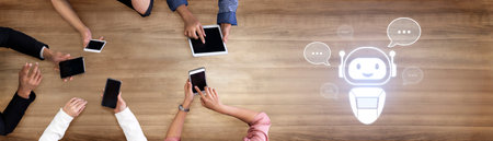 AI chatbot virtual assistant interacting with users through AI conversation bubbles, symbolizing AI...