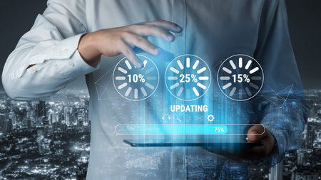 A concept of a system update and software installation. A progress bar and loading icons showing the...