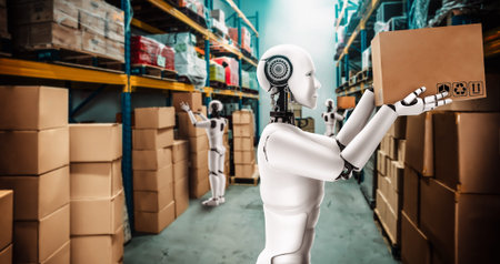 Innovative industry robot working in warehouse for human labor replacement . Concept of artificial...