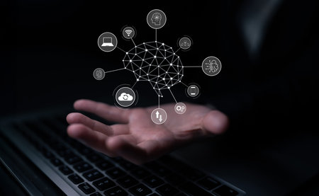 A visual of artificial intelligence network connecting AI, network, and system across a structured...