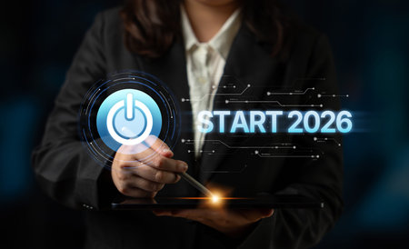Start 2025 concept with futuristic power button symbolizing fresh beginnings, innovation, and...
