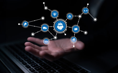 A conceptual image showcasing a hand reaching out with a digital network of icons representing...