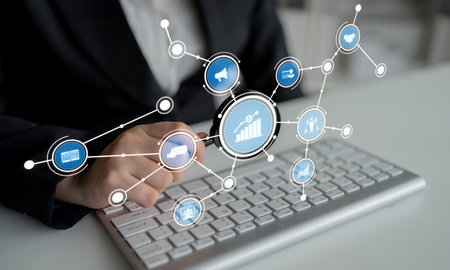 A business professional interacts with digital data insights, showcasing technology role in modern...