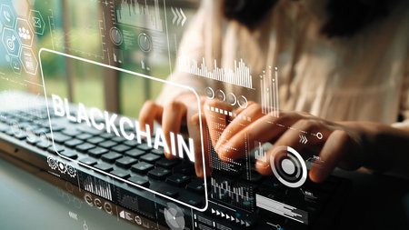 Futuristic Concept of Blockchain Technology with Data Visualization on a Keyboard Interaction....