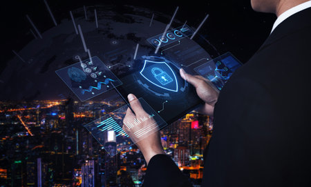 A futuristic cybersecurity dashboard for a Security Operations Center (SOC). The system monitors the...